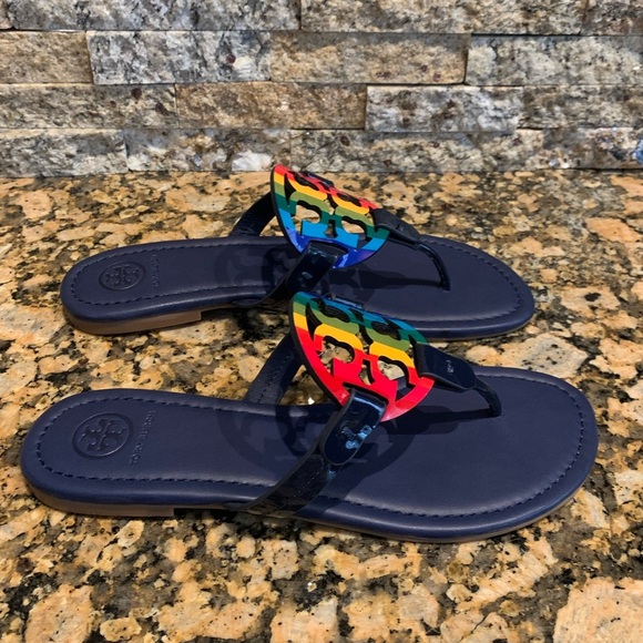 Tory Burch Multicolor T Miller Leather Double-t Rainbow Print Sandals - Picture 2 of 3
